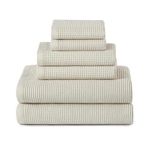 ecolook 6-Piece Waffle Weave Towel Set, 100% Cotton, Lightweight, Absorbent & Quick-Drying, 2 Bath Towels (31×63 in), 2 Hand Towels, 2 Washcloths, Lint-Free for Bathroom, Pool, Gym, Travel - Khaki - color: Khaki