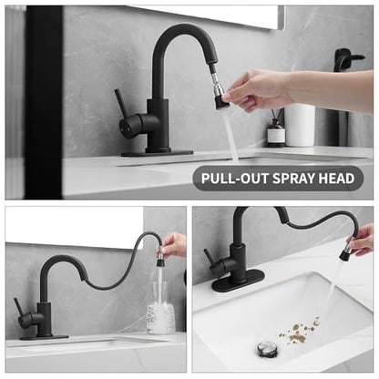 Black Bathroom Sink Faucet with Pull Out Sprayer for 1 Hole,Bar Sink with Pop-Up Drain,Single Handle Small Kitchen Faucet with 4 in Deck Plate,360°Swivel Faucet for Farmhouse Vanity - color: Black, style: Pull out-R