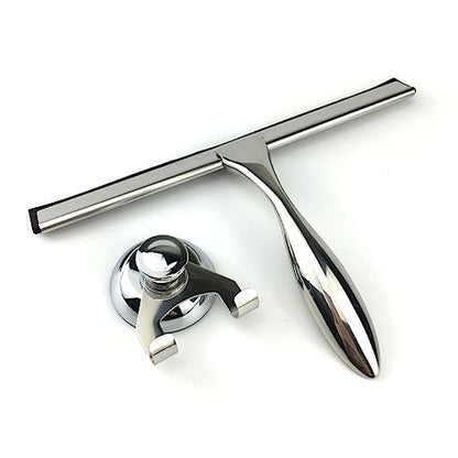 3Pcs Stainless Steel Shower Squeegee for Glass Mirror Bathroom | Suction Cup Mount, Hooks Holder, Rust-Proof Build, Weighted Handle, Space-Saving Storage Placement
