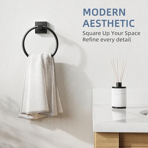 RUACQ Towel Ring, Hand Towel Holder for Bathroom Wall, Matte Black | Wall Mounted Hand Towel Bar, 304 Stainless Steel Towel Hanger, Square Base, Round Towel Holder Design, Modern, Heavy Duty - color: Black, size: 1