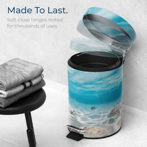 Sanilo Small Bathroom Trash Can with Lid [1.3 Gallon] - Lidded Tiny Trashcan for Garbage - Mini Metal Bin with Soft Closing Mechanism - Bath Room Accessoire Wastebin with Inner Bucket (Waterworld) - color: Waterworld