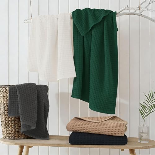 Waffle Bath Towels Set of 2 (Mist White) – Cotton, Quick Dry, Low Lint | 31” x 62” Large Towels for Bathroom Shower Spa Pool - color: Mist White