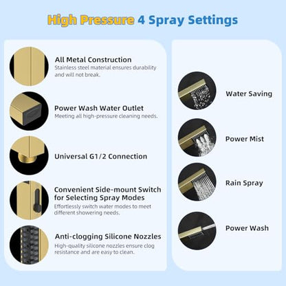Hibbent All Metal cUPC Certified Shower Head, 10'' High Pressure Rainfall Shower Head Combo, Handheld Shower Wand, 12'' Adjustable Extension Arm, 4-Spray, 71'' Hose, Shower Holder, Brushed Gold - color: Brushed Gold, style: Square 10''