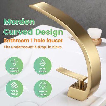 Modern Brushed Gold Bathroom Sink Faucet, Single Hole with Deck Plate | Premium Solid Brass, Single Handle, Fits 1 or 3 Hole, Supply Lines, for Vanity, RV, Farmhouse & Commercia - color: Brushed Gold