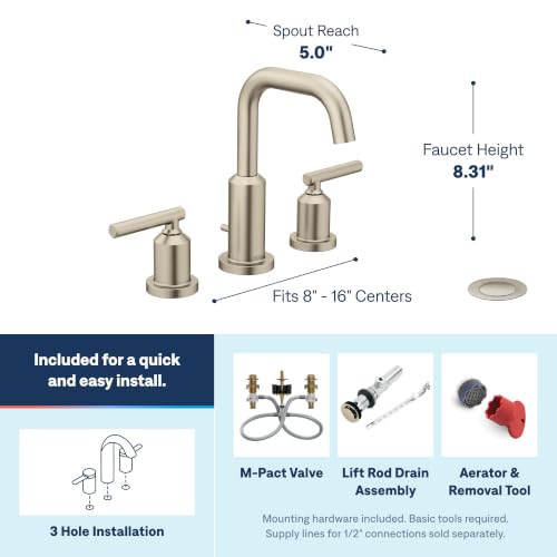 Moen Gibson Two-Handle High Arc Widespread Modern Bathroom Sink Faucet for 3-Hole Setups with Valve Included, Brushed Nickel, TV6142BN - color: Brushed Nickel, style: Valve + Trim