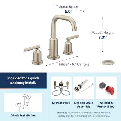 Moen Gibson Two-Handle High Arc Widespread Modern Bathroom Sink Faucet for 3-Hole Setups with Valve Included, Brushed Nickel, TV6142BN - color: Brushed Nickel, style: Valve + Trim