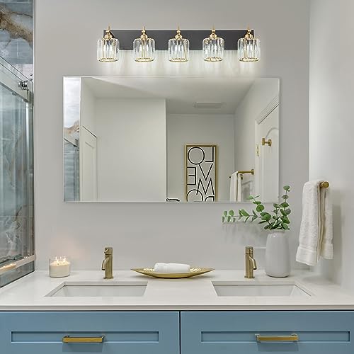 Modern Crystal Bathroom Vanity Lights, Black Gold 5-Lights Bathroom Light Fixtures Over Mirror, Crystal Wall Lighting with Polished Gold Finish(Exclude Bulb) - color: Black Gold-Round Shade, size: 5-Light
