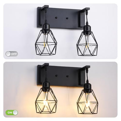 Somniferous Farmhouse Bathroom Light Fixtures, 2 Light Bathroom Vanity Light Over Mirror, Black Bathroom Light with Caged Metal Shade, Rustic Wall Sconce for Bedroom, Living Room, Hallway, E26 Socket - size: 2-Light