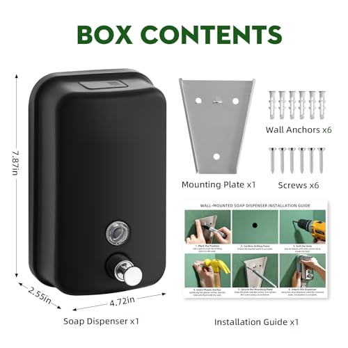 RYTOXILO Wall Soap Dispenser 1000ml/34 fl oz Commercial Soap Dispenser Stainless Steel Soap Dispenser Hand Soap Dispenser for Bathroom Kitchen Wall Mounted(Matte Black) - color: Black