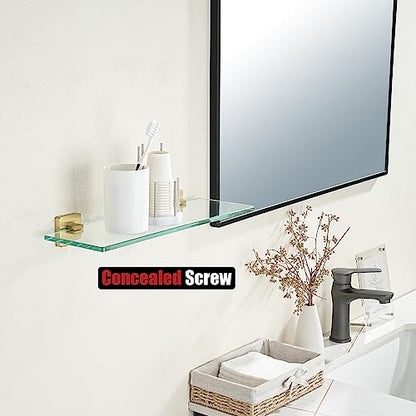 JQK Bathroom Glass Shelf, Floating Tempered Glass Shower Storage 16 by 5 inches, 304 Stainless Steel Brushed Gold Wall Mount, TGS201L16-BG - color: Brushed Gold, size: 16 Inch