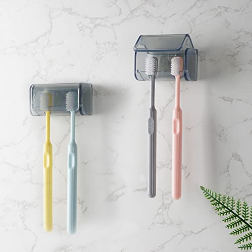 2 PCS Toothbrush Holder Wall Mounted with Cover for Bathroom, 2 Slots Toothbrush Storage Organizer for Shower, Self Adhesive Toothbrush Hanger Rack for Dorm, Cabinet (Grey) - color: Grey Clear, size: 2 PACK