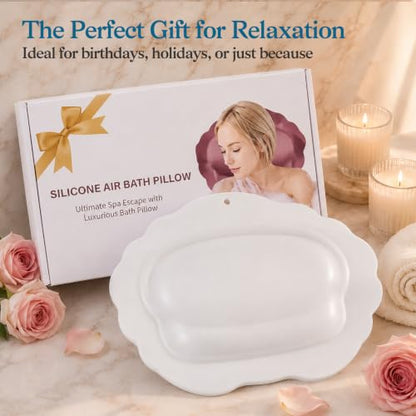 Bath Pillow for Tub, Inflatable Silicone Bathtub Pillow for Head & Neck Support, Adjustable 0-2.3" Height, 7 Strong Suction Cups, Waterproof, Quick-Drying, Luxury Spa Gifts (White)