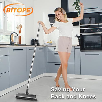Heavy Duty Floor Scrub Brush with Long Handle, Adjustable Stainless Steel Handle, Stiff Bristles & Rubber Squeegee Scraper, Concrete Floor Scrubber for Cleaning Floor Concrete Deck Hardwood Patio Tile - style: Black+Grey