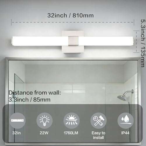 32 Inch Brushed Nickel Modern Vanity Light Bar: IP44 Waterproof Bathroom Light Fixtures Over Mirror 6000K Daylight 22W - color: Upgraded - Brushed Nickel - Not Dimmable, size: 32 inch