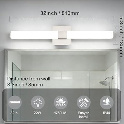 32 Inch Brushed Nickel Modern Vanity Light Bar: IP44 Waterproof Bathroom Light Fixtures Over Mirror 6000K Daylight 22W - color: Upgraded - Brushed Nickel - Not Dimmable, size: 32 inch