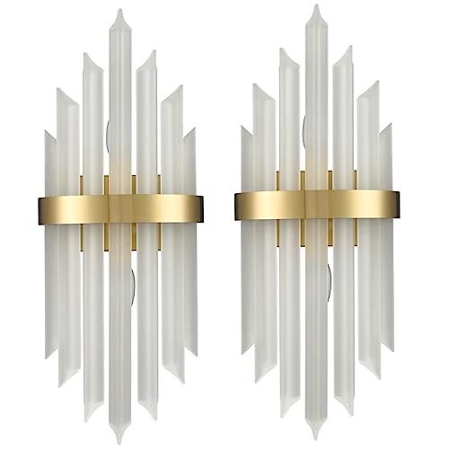 HOLKIRT Modern Gold Wall Sconce, Frosted Glass Vanity Light Set of 2 | Wall Mounted Light Fixture with Frosted Glass Rods, E12 Base, For Living Room Bedside Hallway Stairway Kitchen