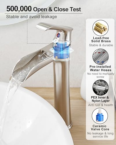 Brushed Nickel Bathroom Faucet Brass Waterfall Faucet for Bathroom Sink, Tall Vessel Sink Faucets, Vanity Faucet 1 Hole Single Handle with Pop-Up Drain Supply Hoses for Lavatory RV Farmhouse - color: Brushed Nickel
