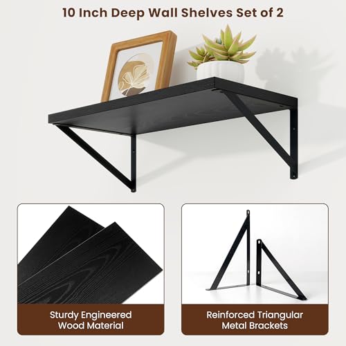 20 Inch Floating Shelves, 10 Inch Deep Black Wall Shelves Set of 2 | 20'' x 10'' Rustic Wood Shelves with Heavy Duty Brackets, Deep Shelves for Bathroom, Living Room, Engineered Wood, 35LBS - color: Black, size: 20W x 10D