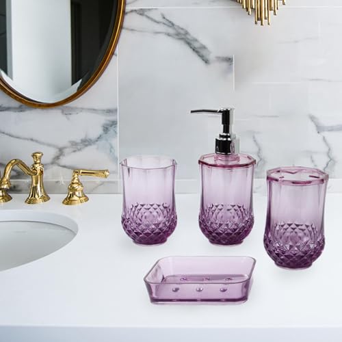 4 Pieces Toothbrush Holder Soap Dispenser Apartment Essentials Acrylic Soap Dish Bathroom Accessories Set for Countertop, Purple