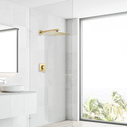Rain Shower Head Brushed Gold with Extension Arm 16 Inch Square Shower Head with 16 Inch Shower Arm Large Stainless Steel Rainfall Showerhead Waterfall Full Body Coverage - color: Brushed Gold, size: 16inch