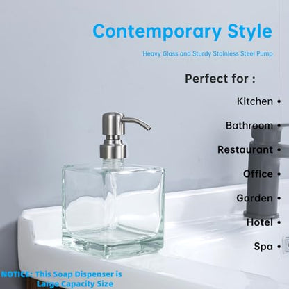 Square Bathroom Soap Dispenser Brushed Nickel, Large Capacity 16.9 oz Glass Bottles with Stainless Steel Pump Retangle Cube Liquid Soap Dispenser Kitchen - color: Brushed Nickel-16.9 Oz