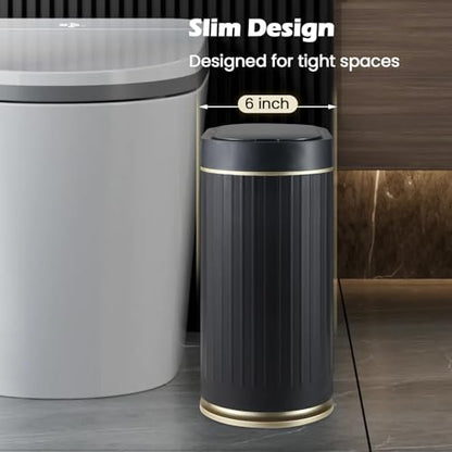 SYNCVIBE Bathroom Sensor Trash Can with Lid, 2 Gallon, Black Gold | Automatic Garbage Can, 7.5 Liter Smart Trash Bin, Slim IPX5 Waterproof Plastic Wastebasket for Bedroom and Office - color: Black gold