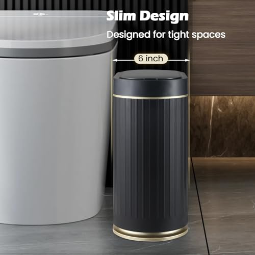 SYNCVIBE Bathroom Sensor Trash Can with Lid, 2 Gallon, Black Gold | Automatic Garbage Can, 7.5 Liter Smart Trash Bin, Slim IPX5 Waterproof Plastic Wastebasket for Bedroom and Office - color: Black gold
