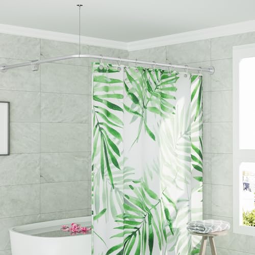 L Shaped Shower Curtain Rod, Adjustable 23.81"-53.15"x23.81"-53.15" Silver | Corner Shower Curtain Rod, 90 Degree, 12 Curtain Rings, for Bathroom Bathtub Clothing Store & Ceiling Support, Need to Drill