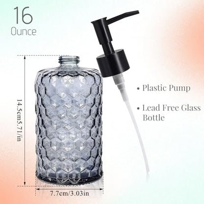 Clear Charcoal Blue Glass Soap Dispenser with Pump, 16oz Honeycombed Design Hand Soap Dispenser, Refillable Lotion & Dish for Dishwashing Liquid, Lotion - color: Honeycombed Blue Grey