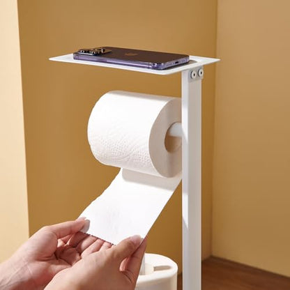 Freestanding Toilet Paper Holder for Bathroom–Stainless Steel Square Tissue Dispenser with Storage Tray & Roll Organizer (White) - color: White