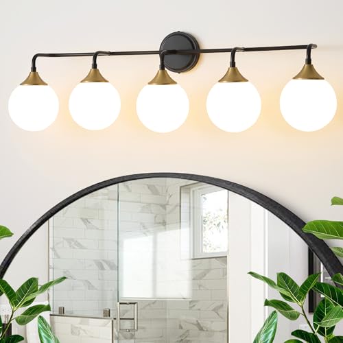 Black Gold Bathroom Light Fixtures Over Mirror Vanity 5-Light | Mid Century Modern Matte Black Gold Wall Sconce with Milky White Glass Ball Shades for for Bathroom Dressing Table Bedroom - color: Black Gold, size: 5-light