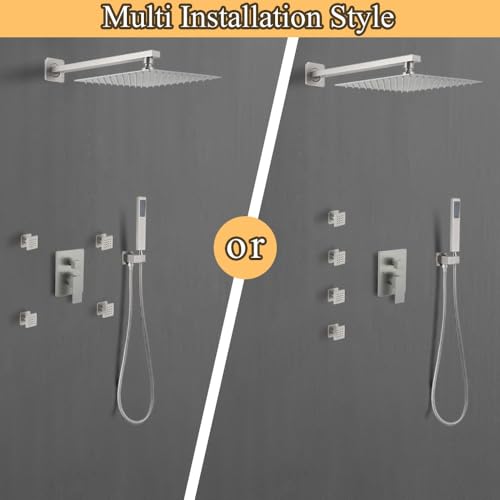 Full Body Shower System Concealed Shower Faucet Set with Body Massage Jets 10 Inch Shower Head Trim Kit 3 Function Wall Mount High Pressure for Bathroom - color: Brushed Nickel, style: 10"- 3 Function