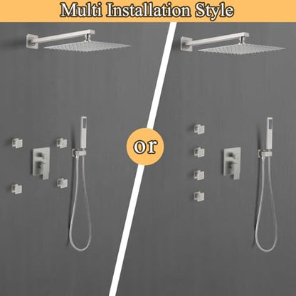 Full Body Shower System Concealed Shower Faucet Set with Body Massage Jets 10 Inch Shower Head Trim Kit 3 Function Wall Mount High Pressure for Bathroom - color: Brushed Nickel, style: 10"- 3 Function