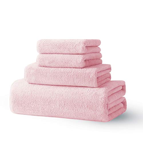 Xinrjojo 1 Bath Towel 2 Washcloths and 1 Hand Towel, 4 Piece Microfiber Quick Dry Super Soft Plush Highly Absorbent Towels Set - Pink - color: Pink