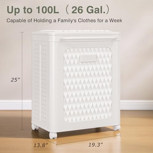 VECELO Rolling Laundry Hamper with Wheels and Lid, Foldable Plastic Laundry Basket with Handle, Rolling Divided Laundry Cart for Small Spaces, Laundry, Bathroom, Bedroom, White - color: White