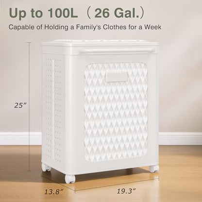 VECELO Rolling Laundry Hamper with Wheels and Lid, Foldable Plastic Laundry Basket with Handle, Rolling Divided Laundry Cart for Small Spaces, Laundry, Bathroom, Bedroom, White - color: White