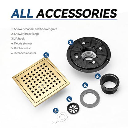 Square Shower Floor Drain, Matte Black Finish, Grid Pattern Strainer Cover (Gold, Grate) - color: Gold