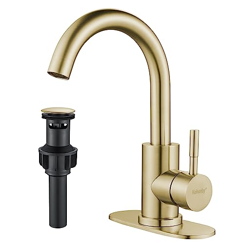 Bathroom Sink Faucet Single Hole Brushed Gold, Modern Single Handle Bathroom Faucet Commercial Stainless Steel Bar Faucet (Brushed Gold, with Drain) - color: Brushed Gold, size: With drain