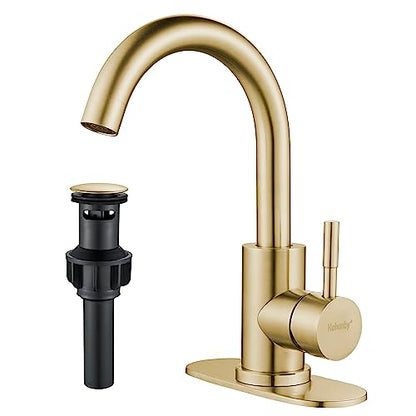 Bathroom Sink Faucet Single Hole Brushed Gold, Modern Single Handle Bathroom Faucet Commercial Stainless Steel Bar Faucet (Brushed Gold, with Drain) - color: Brushed Gold, size: With drain