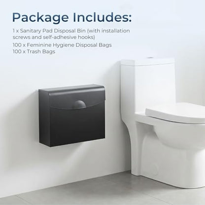 Sanitary Napkin Disposal Receptacle,9.4x7.8x3.5 inch Stainless Steel Wall Mounted Feminine Hygiene Waste bin with Disposable Sanitary Bags and Trash Bag Set for Bathroom,Office (Black) - color: Black