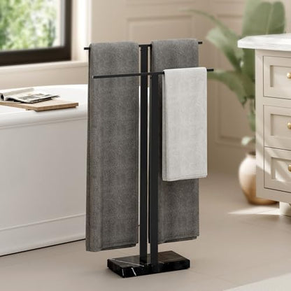 KES Standing Towel Rack 2-Tier Natural Black Marble Base, Bath Towel Holder | 8.23 Lbs Heavy Base, 18/8 Stainless Steel Rustproof, Fits Bath Towel & Hand Towel, Freestanding Design, Bathroom Floor - color: Black Marble & Black Bar, size: 33” H (2-tier)