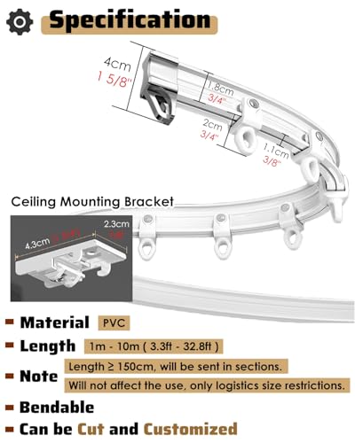 Curtain Track Bendable Tracks for Curtains 1m 2m 3.0m 4m 5m 16 Ft 16.4ft, White PVC Bay Window Curtain Rail and Fittings, Curved Rooms Divider Shower Curtain Rod(Ceiling Mount,1m/39in/3.3ft) - color: Ceiling Mount, size: 1m/39in/3.3ft