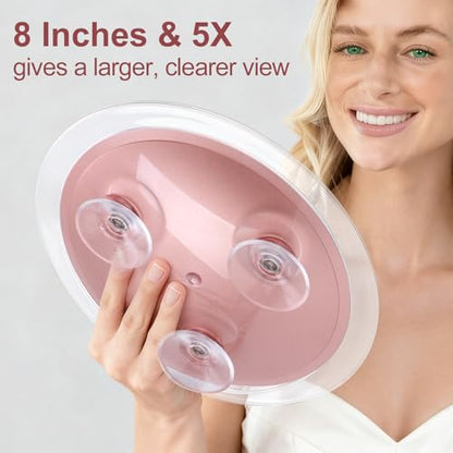 SANTOO Large 8 Inch Round Magnifying Mirror with 3 Suction Cups for Easy Mounting (5X Magnification) - Perfect for Detailed Grooming and Travel - color: 5x