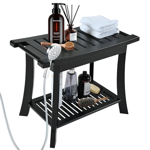24" Bamboo Shower Bench with Shelf for Bathroom, 300 lbs, Black | Sturdy 24-inch bamboo stool for shaving. Spa bench with shelf for indoor & outdoor. Anti-slip design for safe bathroom use. - size: 24" Bamboo