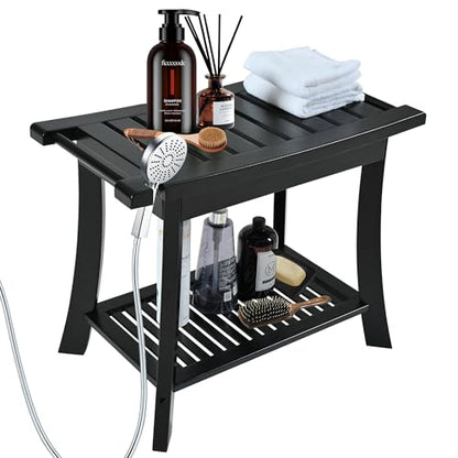 24" Bamboo Shower Bench with Shelf for Bathroom, 300 lbs, Black | Sturdy 24-inch bamboo stool for shaving. Spa bench with shelf for indoor & outdoor. Anti-slip design for safe bathroom use. - size: 24" Bamboo