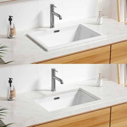 Enbol 20.6" x 14.5" Drop in Bathroom Sink Rectangule Vessel Sink Self-rimming Top Mount Bathroom Sink White Ceramic Lavatory Vanity with Overflow O2014-1 - style: 20.6" X 14.5"