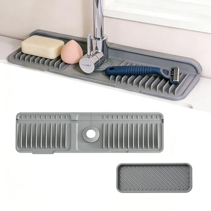 2-in-1 Silicone Kitchen Sink Organizer Draining Mat, 17.7 Inch | 7-degree sloped base, foldable, integrated storage tray, includes bonus 9.25x3.74 inch drainage tray, BPA-free