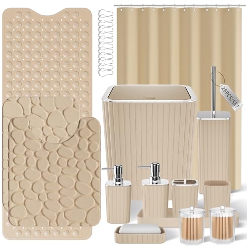 XLHOMO 26PC Bathroom Accessories Set - Gorgeous Bathroom Set, Beige Bathroom Accessory Set, Shower Curtain Set with Bathtub Mats for Shower Tub, Trash Can & Soap Dispenser - size: Bath Set+Bathtub Mat+Shower Curtain&Rugs, style: Beige&Silver