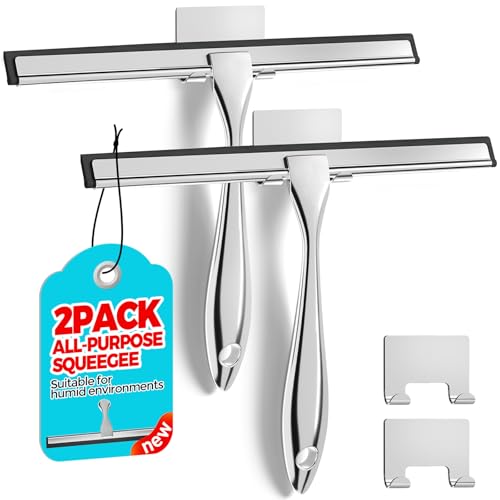 ALFLOD 2pcs Shower Squeegee for Glass Doors with Adhesive Hanging Hook Set | 10” silver, bathroom accessories, window cleaner, new home essentials, soft rubber blade, metal handle, ergonomic grip - color: Silver, size: 10 Inch