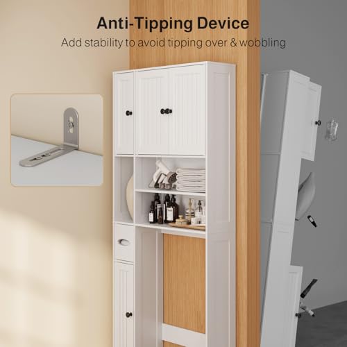 Over The Toilet Storage Cabinet, with Five Doors, White | Over Toilet Bathroom Organizer with Adjustable Shelves, Above Toilet Storage Cabinet for Bathroom, Restroom, Laundry
